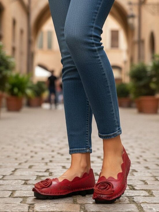 Mordenmiss Shoes - Handmade Floral Stitching Genuine Leather Comfort Slip-On Flats Loafers (8.5-9)